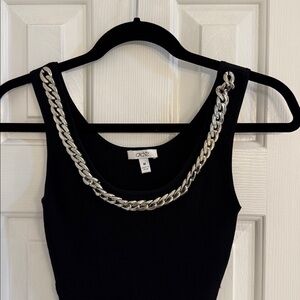 Caché Vintage Black Top w/ Silver Chain Around Front of Neck